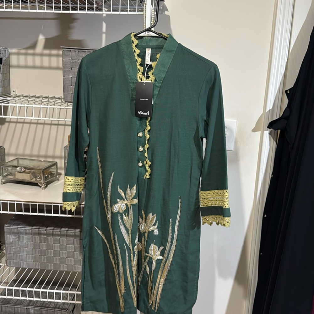 Pakistani Indian Green Floral Embroidered Tunic with Yellow Accents